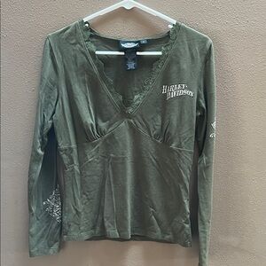 Harley-Davidson Women's Olive Long Sleeve V-Neck Tee